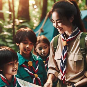 Diligent Scout Leader Guides Diverse Troop in Lush Forest