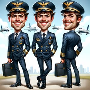 Caucasian Male Pilot Caricature | Full Uniform, Big Smile