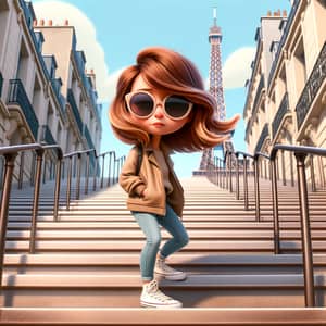 Pixar-Style Animation of Girl Descending Stairs with Eiffel Tower in Background