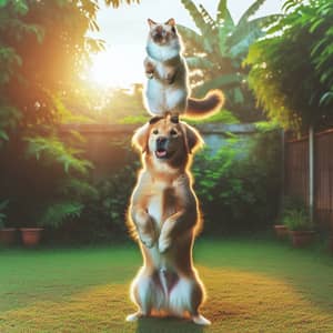 Playful Dog Balancing Cat on Head in Backyard