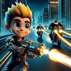 Futuristic Young Boy in Neon Cityscape | Action Cartoon Art