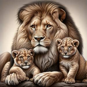 Realistic Lion with Two Lion Cubs Illustration