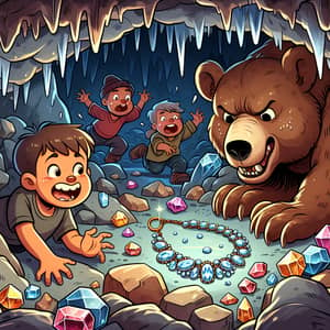 Cartoon Illustration: Discovering Shimmering Necklace in Cavern