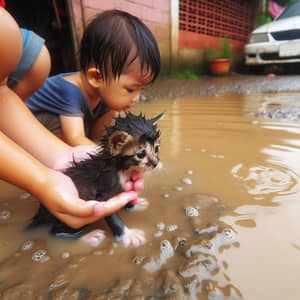 Rescuing a Small Kitten from Dirty Water