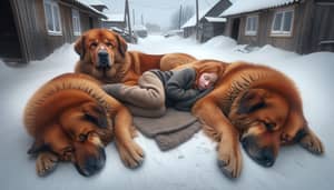 Ginger Dogs with Girl: Heartwarming Scene in Snow Village