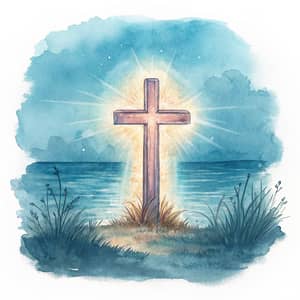 Glowing Christian Cross in Watercolor Art