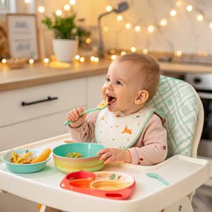 Baby Eating in a High Chair - Happy Moments