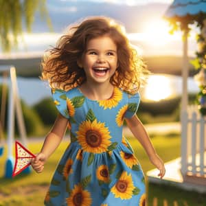 Young Girl Playing in Sunlit Park with Red Kite