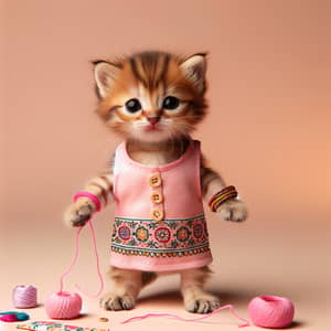 Adorable Kitten in Pink Tank Top with Indian Print