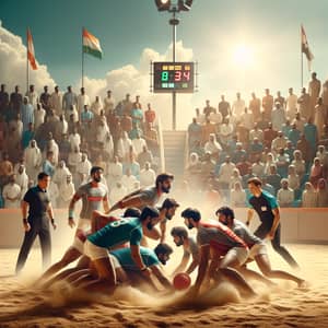 Intense Kabaddi Match on Sandy Field - Athletic Teams Clash Under Sunny Sky