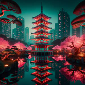 Serene Japanese Garden at Twilight with Cyberpunk Aesthetic