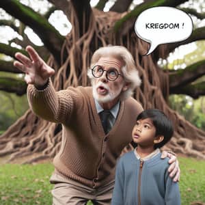 Elderly Man Sharing Wisdom at Ancient Oak Tree