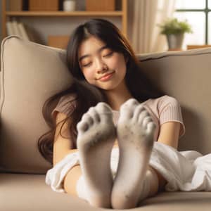 Asian Teen Girl Relaxing at Home in White Socks