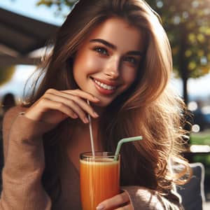 Cheerful Daisy Enjoying Fresh Juice Outdoors