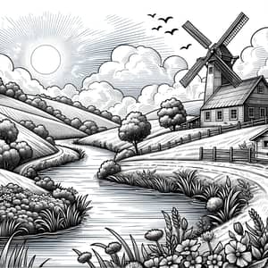 Black and White Sketch of Serene Countryside with Rolling Hills and Windmill