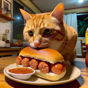 Cat Enjoying Chilean Choripan in Cozy Kitchen