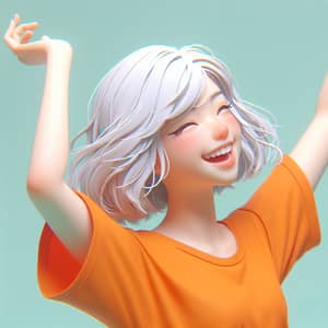 Joyful Girl in Orange T-Shirt with White Hair | 3D Animation Style