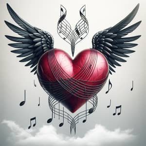 Asymmetric Heart with Crossing Wings and Black Music Notes