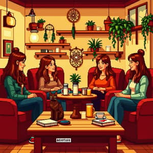 Cozy Pixel Art Café Scene with Women and Cat