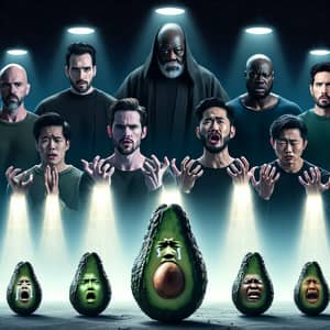 Diverse Men Cursing Realistic Crying Avocados at Night