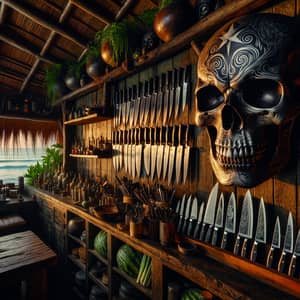 Pirate Skull Art & Gleaming Chef's Knives in Beachfront Hut