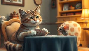 Whimsical Cat and Mouse Card Game Scene