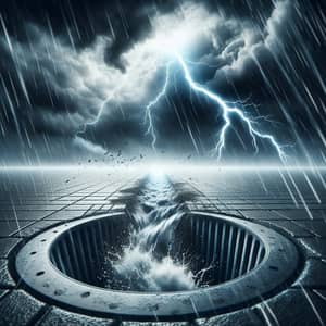 Turbulent Storm Drain Art: Dark Sky, Lightning, Pouring Rain