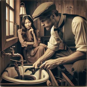 Vintage Style Drain Fixing Scene with Retro Vibes