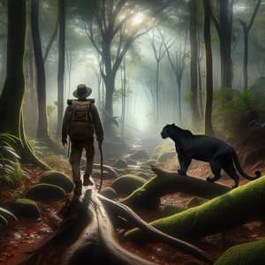 Wanderer in Forest with Black Jaguar