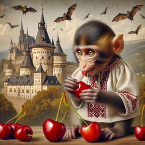 Ukrainian Monkey Enjoying Cherry in Medieval Castle Setting