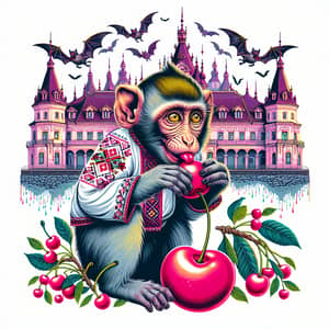 Adorable Monkey Eating Cherry at Castle | Ukrainian Shirt