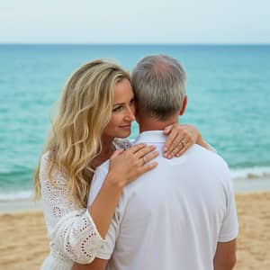 Romantic Beach Moment: Couple Embracing at the Shore