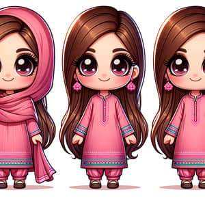 Cartoon Girl with Long Hair in Pink Pakistani Shalwar Kameez