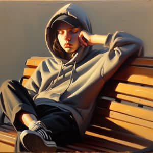 Realistic Oil Painting of Tired Person Sitting on Park Bench