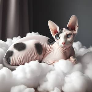 White Canadian Sphynx Cat with Black Spots Resting on Cloud