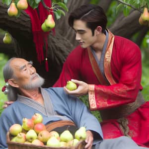 Traditional Clothing Men Under Pear Tree | Feeding Pears Scene