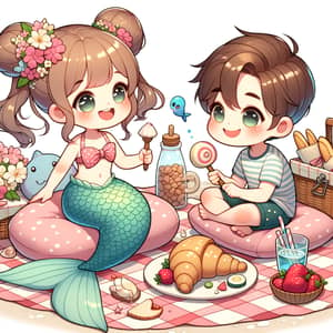 Cute Girl with Mermaid Tail and Boy: Underwater Picnic Delights