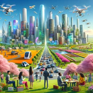 Futuristic Vision: Cityscape, Sustainable Farms, Cultural Diversity