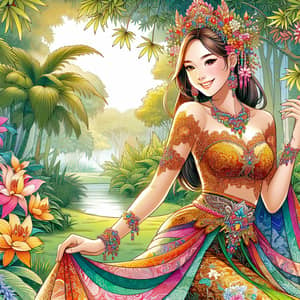 Graceful Javanese Girl in Traditional Kebaya Outfit | Tropical Garden Scene