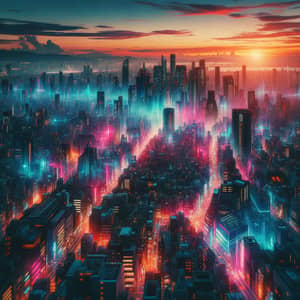 Futuristic Cyberpunk Cityscape at Sunset