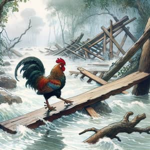 Rooster on Wooden Plank Amidst Flood - 19th-century Children's Book Illustration