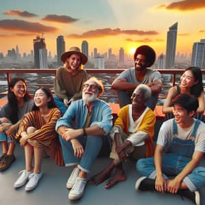 Diverse Group Enjoying Sunset on City Rooftop