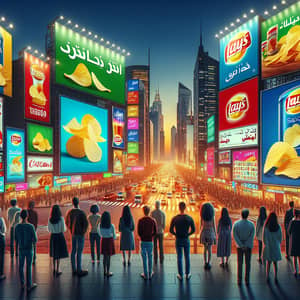 Vibrant Potato Chip Ads in Urban Cityscape - Engage Diverse Crowd