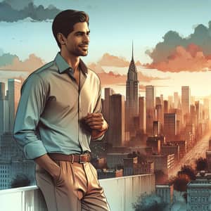 Professional South Asian Man Enjoying Sunset Over Cityscape