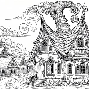 Whimsical Cottage Coloring Page | Village Scene Drawing