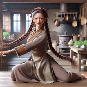 Traditional Tibetan Girl Dancing in Vintage Kitchen