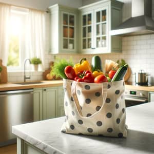 Fresh Organic Vegetables in Polka-dot Fabric Shopping Bag