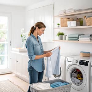 Realist Woman Folding Shirt in Laundry Room