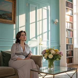 Stylish Woman in Pastel Blue Room