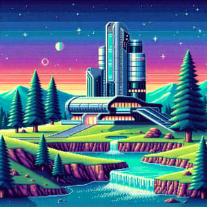 Futuristic Gym Building in Majestic Landscape | Retro Pixel Art